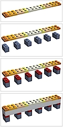 Abb. 5a: Diese flachen Legosteine stellen die PMMA-Veneers dar. Abb. 5b: Die grauen Legosteine symbolisieren die Implantate. Abb. 5c: Die roten Steine verbildlichen die Abutments, mit denen eventuelle Angulationen kompensiert werden. Abb. 5d: Das einzige individuelle Element in diesem Konstrukt ist der Brückenkörper (PEEK), der hier als grauer langer Balken die Veneers mit den Implantaten (Abutments) verbindet.